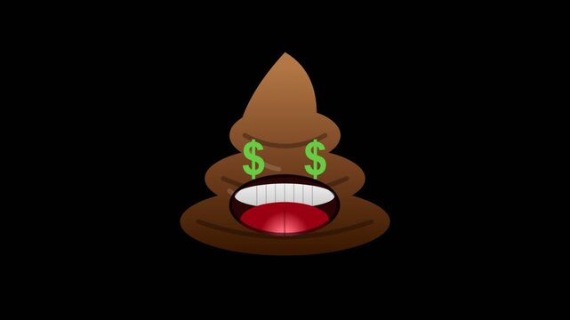 A brown poop emoji icon with dollar sign eyes and a wide smiling mouth on black base