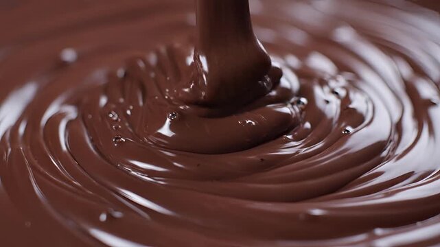 Closeup of rich liquid chocolate being poured and swirling.