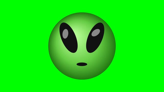 A green alien emoji face icon with large black eyes isolated on a bright background