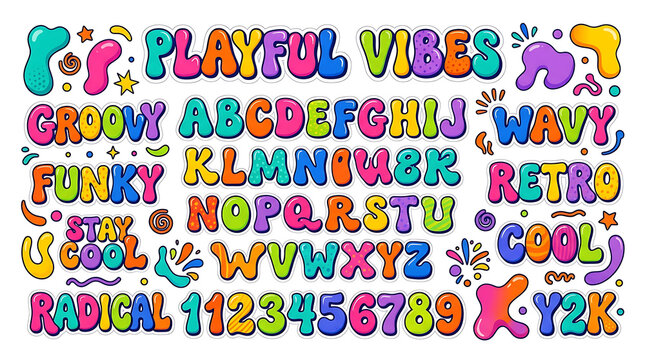 Playful alphabet and numbers in groovy colorful retro style isolated on white background