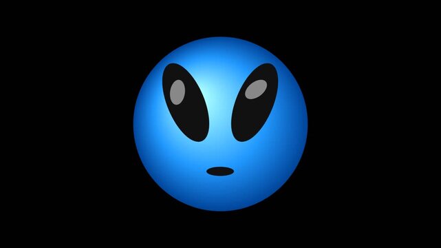 A vibrant blue alien face icon with large dark oval eyes set against a black ground
