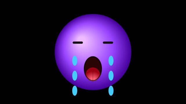 A purple crying emoji icon with tears streaming down isolated on a solid black field