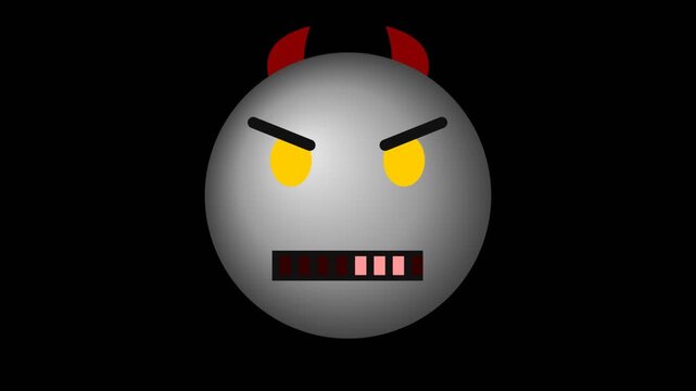 A grey devil emoji with glowing yellow eyes and red horns on a solid black background