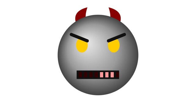 A grey devil emoji with yellow eyes and red horns showing an angry facial expression