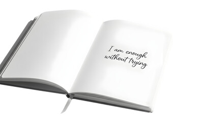 Fototapeta premium An open book displays a motivational quote on a plain transparent surface