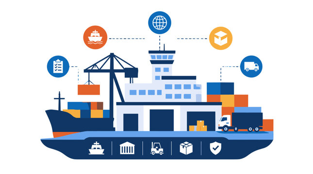 Cargo Ship Vessel With Containers And Cranes.