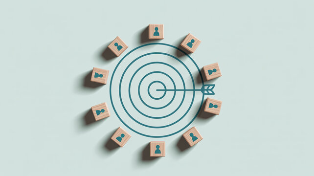 Wooden blocks with person icons arranged in a circle around a target symbol, illustrating customer targeting and audience segmentation in marketing.