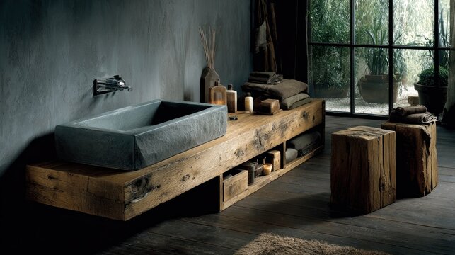 Rustic bathroom interior features natural stone basin atop rough hewn wooden vanity near large window view