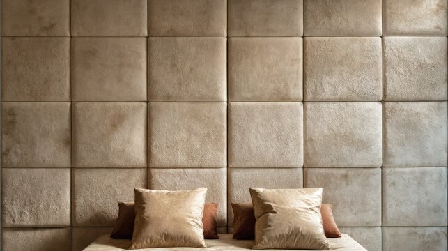 Upholstered square panels create a textured backdrop above plush resting accessories