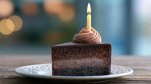 Rich chocolate cake slice with cream frosting and a lit candle, on a plate