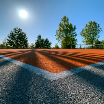 Low angle view of a red sports court corner against a bright sunlit sky