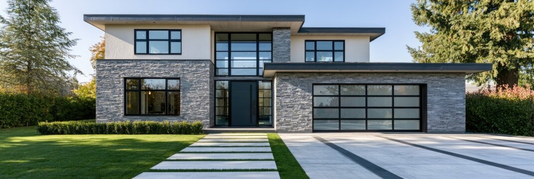 Modern multi-story house with stone facade and glass garage door