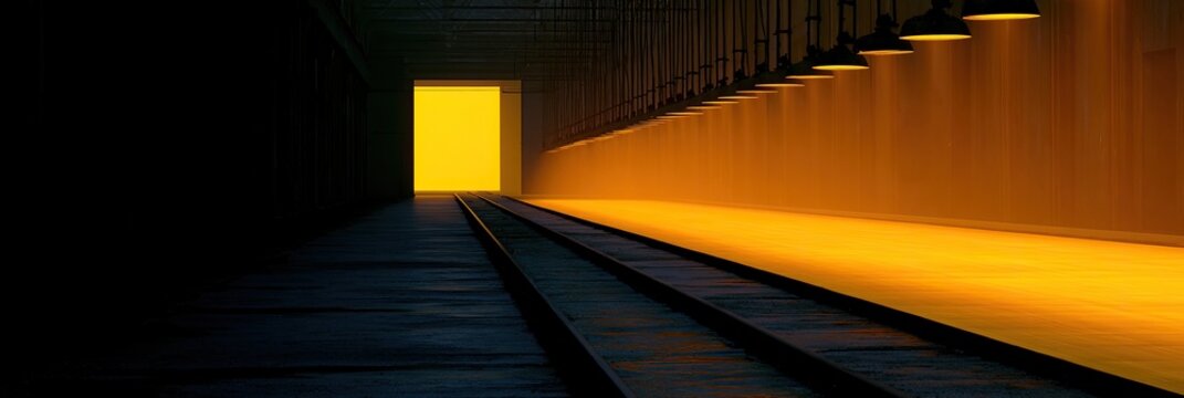 A dark industrial corridor illuminated by a bright yellow exit and orange overhead lights
