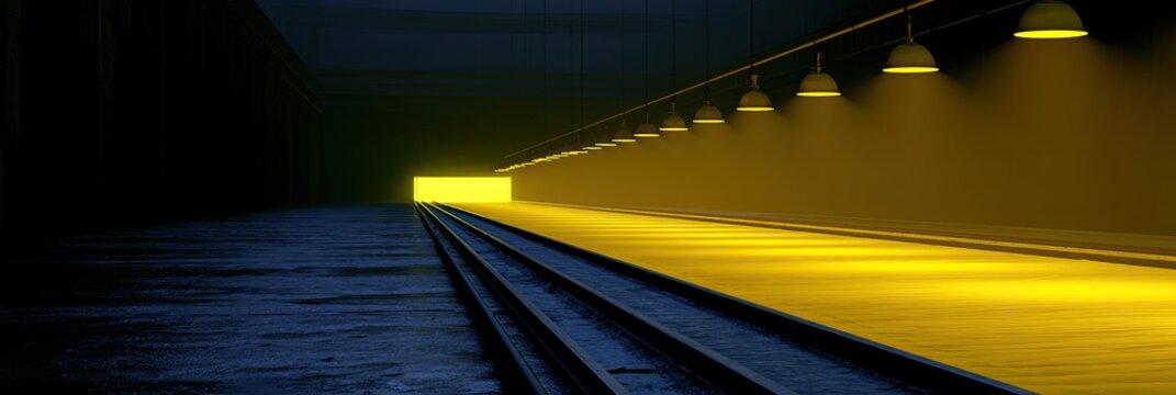 Train tracks lead into a brightly lit tunnel with yellow overhead lights