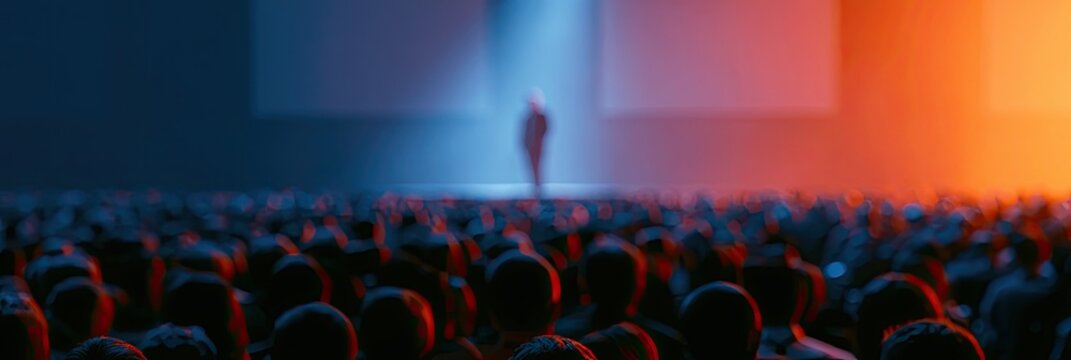 A solitary figure stands bathed in blue light before a hushed, crowded audience
