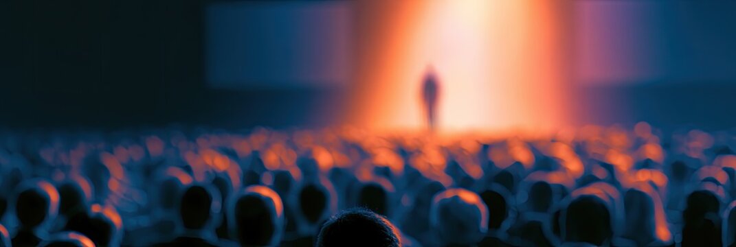 Blurred audience watches spotlighted figure on stage in dramatic lighting