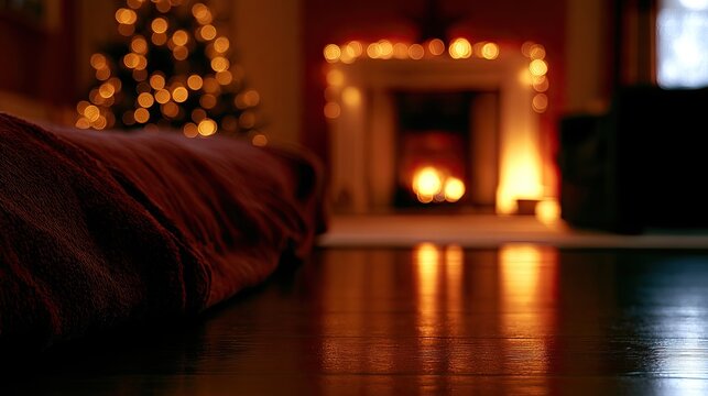 Cozy fireside with blurred Christmas tree and warm, glowing lights