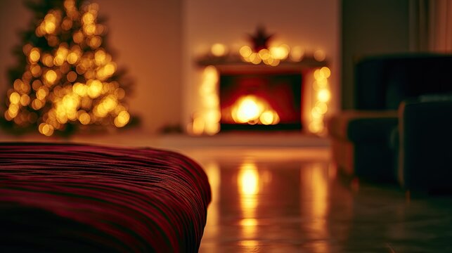 Cozy Christmas scene with glowing fireplace, illuminated tree, and soft furniture