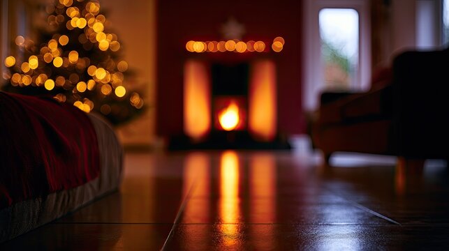 Warm, inviting living room with glowing fireplace, decorated Christmas tree, and soft lights