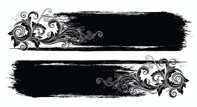 Black and white floral banner design with swirling leaves and scrolls