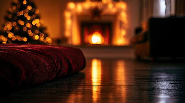 Cozy living room with glowing fireplace and decorated Christmas tree