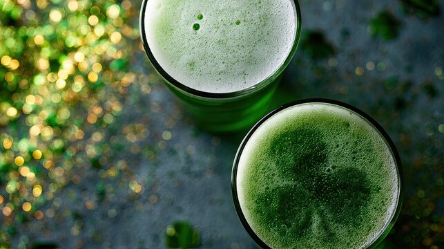 Frothy green drinks, one with a shamrock design, sit amidst gold glitter