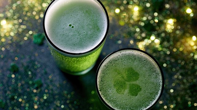Two green beverages with shamrocks in foam, sparkling festive background