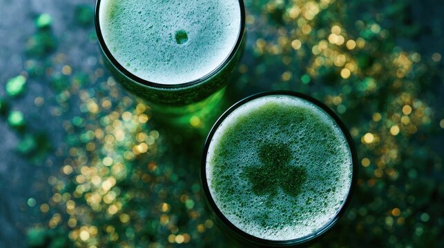 Two glasses of green ale with clover pattern, surrounded by gold glitter