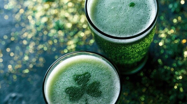Two green beverages with shamrock garnish and glitter