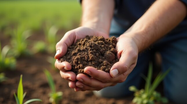 Manos sosteniendo tierra durante la inspecci&oacute;n de cultivos en tierras de cultivo, sostenibilidad y agricultura