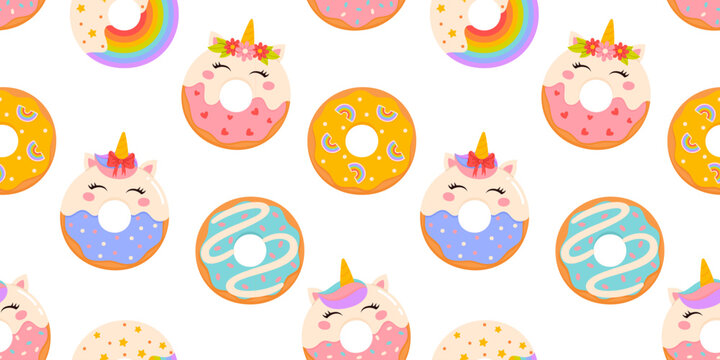 A seamless pattern of unicorn donuts. Perfect for textile printing, wallpaper, and custom packaging.