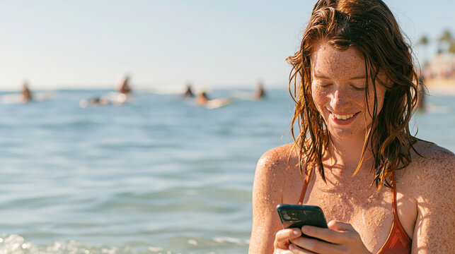 Smiling young freckled woman with wet hair using her smartphone in the ocean with surfers in the blurred background