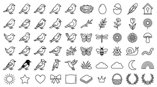 Linear outline vector collection of wild birds and spring nature elements featuring cute flying animals floral branches garden bugs and weather icons in simple black and white drawing style