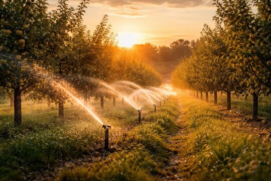 Sistema de riego del huerto regando los &aacute;rboles frutales al amanecer