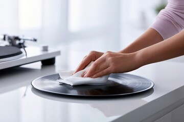 Fototapeta premium Woman cleaning a vinyl record with a cloth while standing beside a turntable on a white table, with natural light streaming through a window in a modern interior setting
