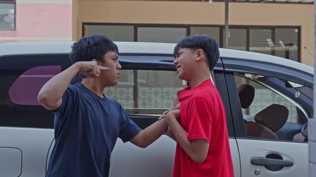 Two Asian teenage brothers in heated argument aggressively while pointing fingers next to car