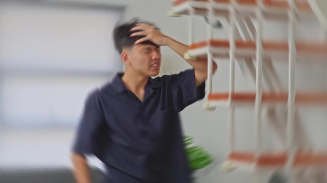 Spinning POV of dizzy young man stumbling experiencing severe vertigo or migraine attack at home