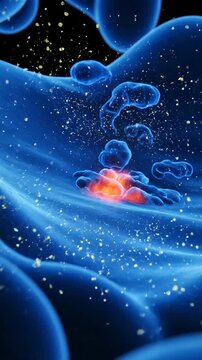 Cinematic Abstract Visualization of Glowing Particles and Molecular Activity in a Vibrant Blue Background for Medical and Health Concepts