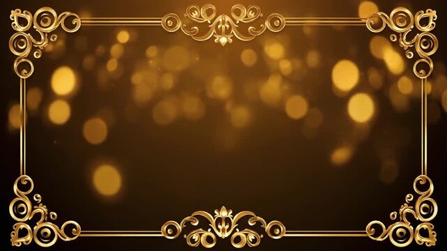 Elegant gold ornate border frame with glowing bokeh particles moving in a smooth continuous loop