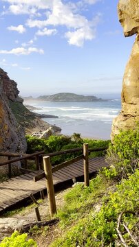 Family hikes on wooden boardwalk on Robberg peninsula at The Gap. Vertical