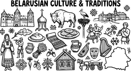 Hand-drawn Black and White Line Art Set Featuring Belarusian Culture, Traditions, Landmarks, Folk Costumes, Food, and National Symbols © kenstock