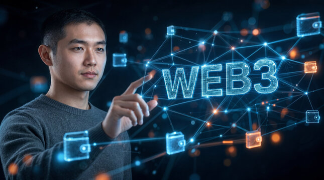 Web3 concept with person and glowing decentralized blockchain network and floating digital wallet icons on dark background