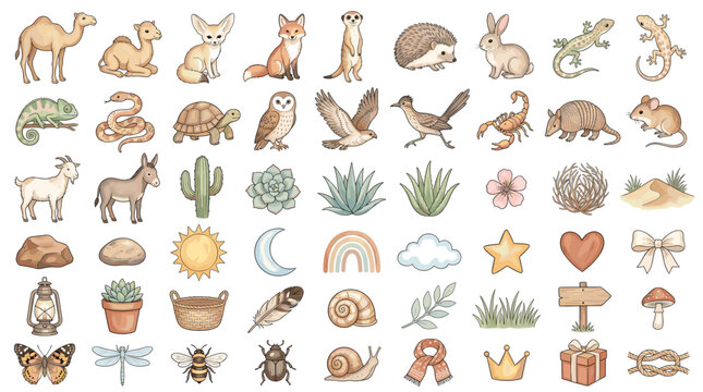 Cute desert animals and arid nature elements vector collection featuring wild camels exotic reptiles cacti succulents and bohemian garden insects in soft watercolor style.