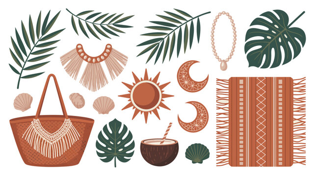 Tropical summer vacation solid icon set containing icons for palm leaves woven bag seashells sun moon coconut drink and beach blanket for travel and tourism