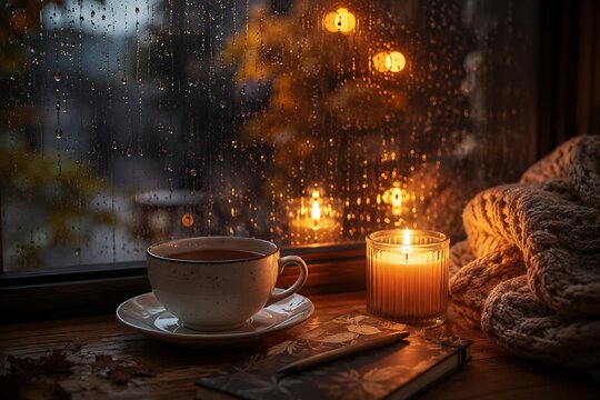 Cozy autumn scene with a warm cup of tea and a lit candle on a rainy day by the window.