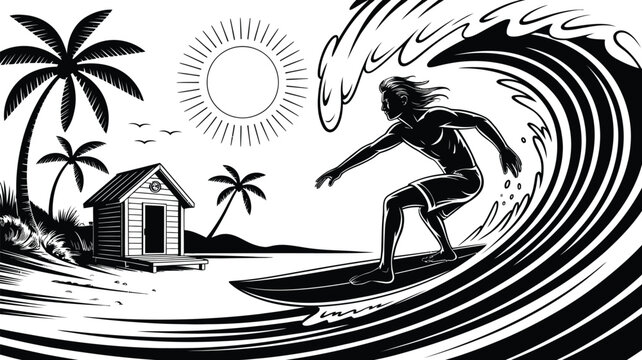 Surfing man riding wave on surfboard. Tropical beach scene with palm trees sun and beach hut in background.
