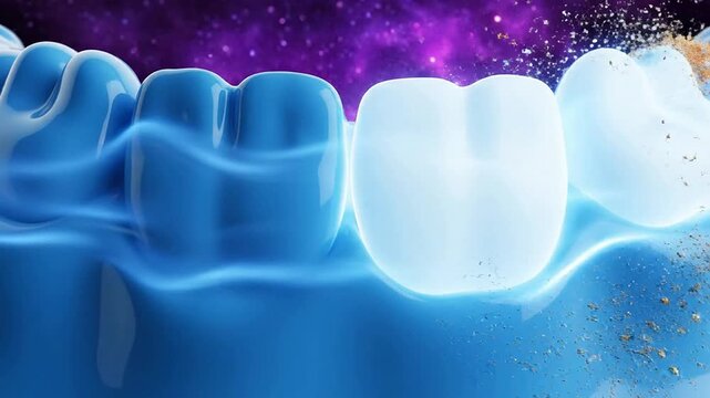 Close-Up 3D Rendering of Teeth with Golden Particles Against a Vibrant Cosmic Background, Emphasizing Dental Hygiene and Care in Health and Beauty Contexts