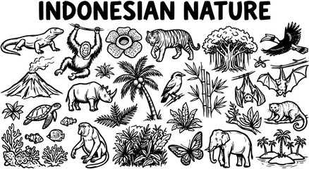 Detailed Black and White Line Art Vector Illustration of Indonesian Nature Wildlife Set including Tropical Animals, Plants, and Famous Landmarks © kenstock