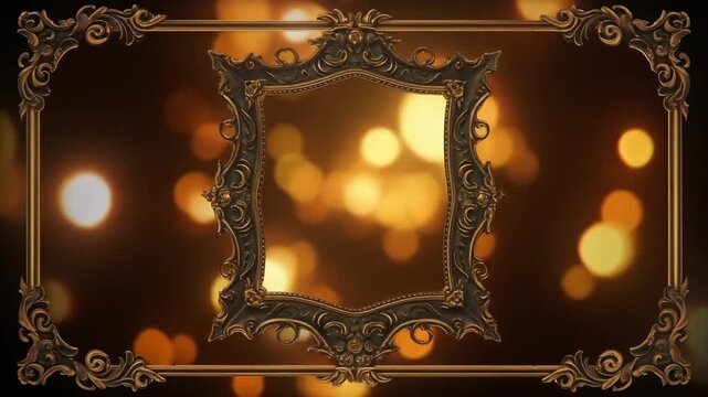 Ornate vintage golden picture frame floating against a soft glowing blurred warm light bokeh background