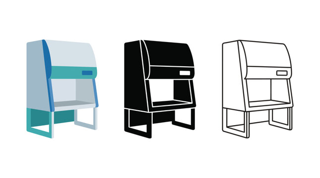 Biosafety cabinet icon set representing laboratory laminar flow hood for sterile research.